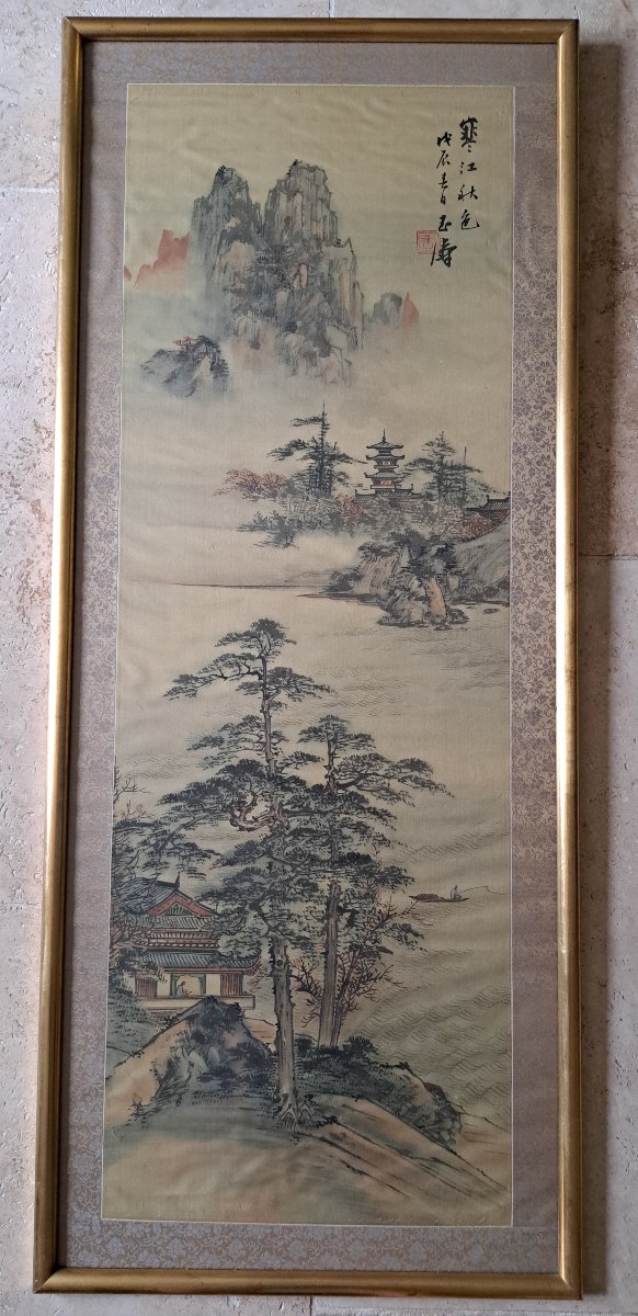 Pagodes dans un paysage lacustre , Peinture sur soie , Début XX°. -photo-6