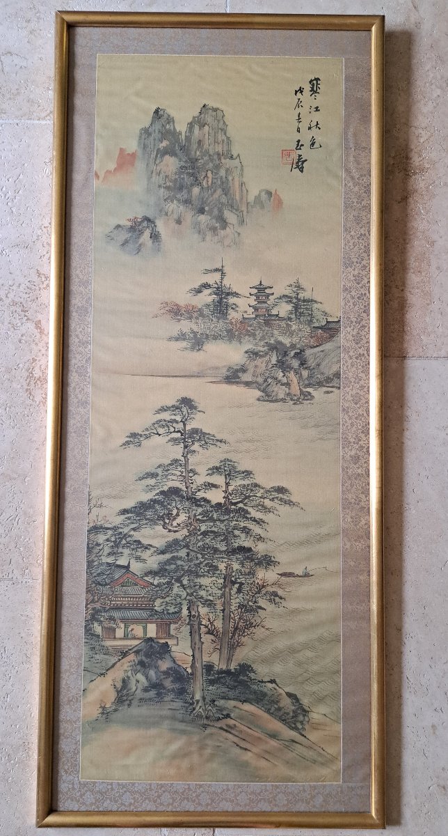 Pagodes dans un paysage lacustre , Peinture sur soie , Début XX°. -photo-7
