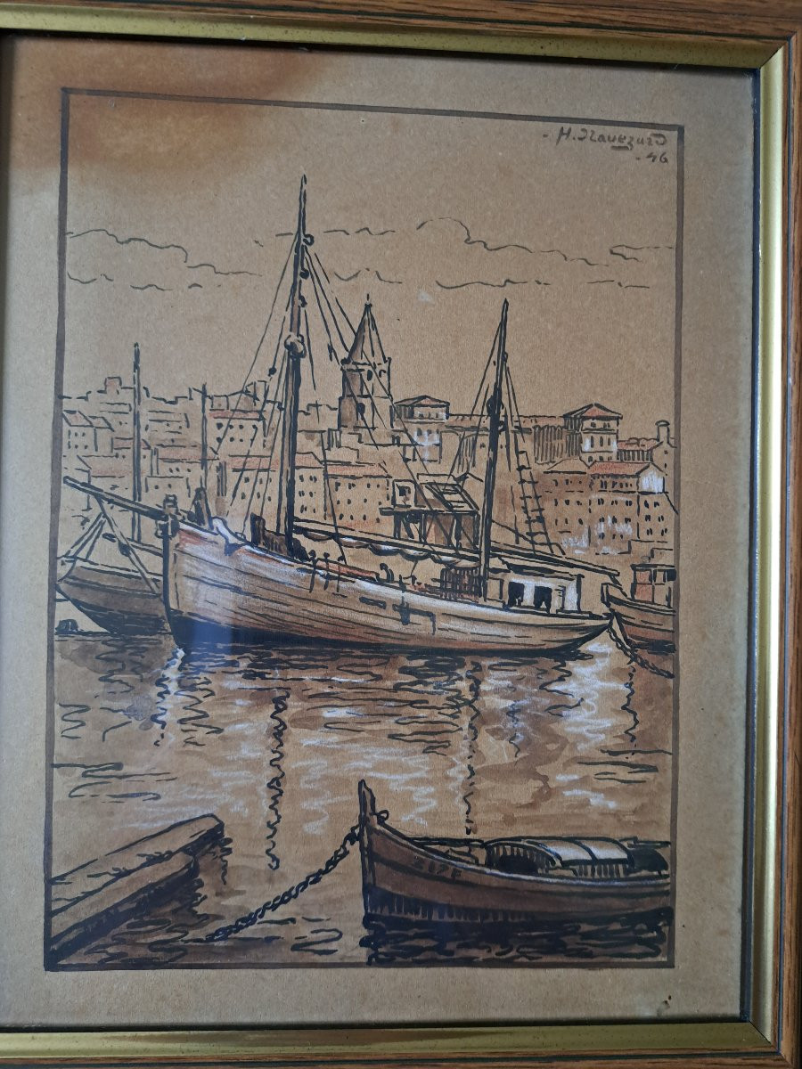 H.Navézard , Bateaux de pêche dans le port de Marseille , Dessin , 1946. -photo-3