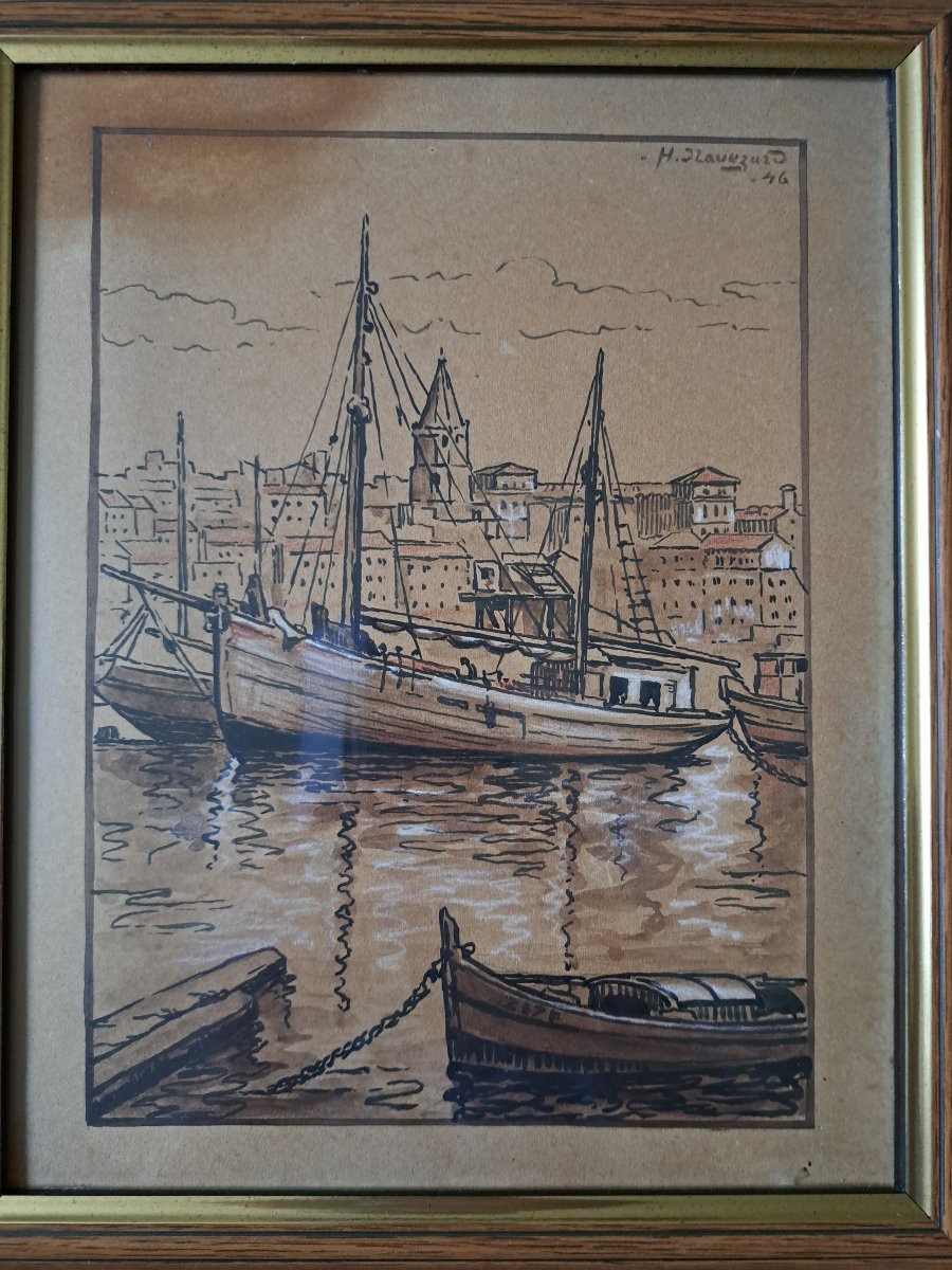H.Navézard , Bateaux de pêche dans le port de Marseille , Dessin , 1946. -photo-4