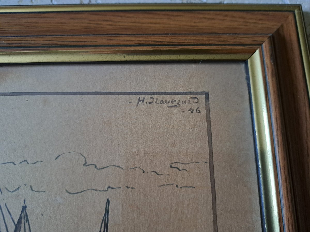H.Navézard , Bateaux de pêche dans le port de Marseille , Dessin , 1946. -photo-1