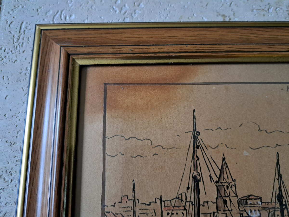 H.Navézard , Bateaux de pêche dans le port de Marseille , Dessin , 1946. -photo-2