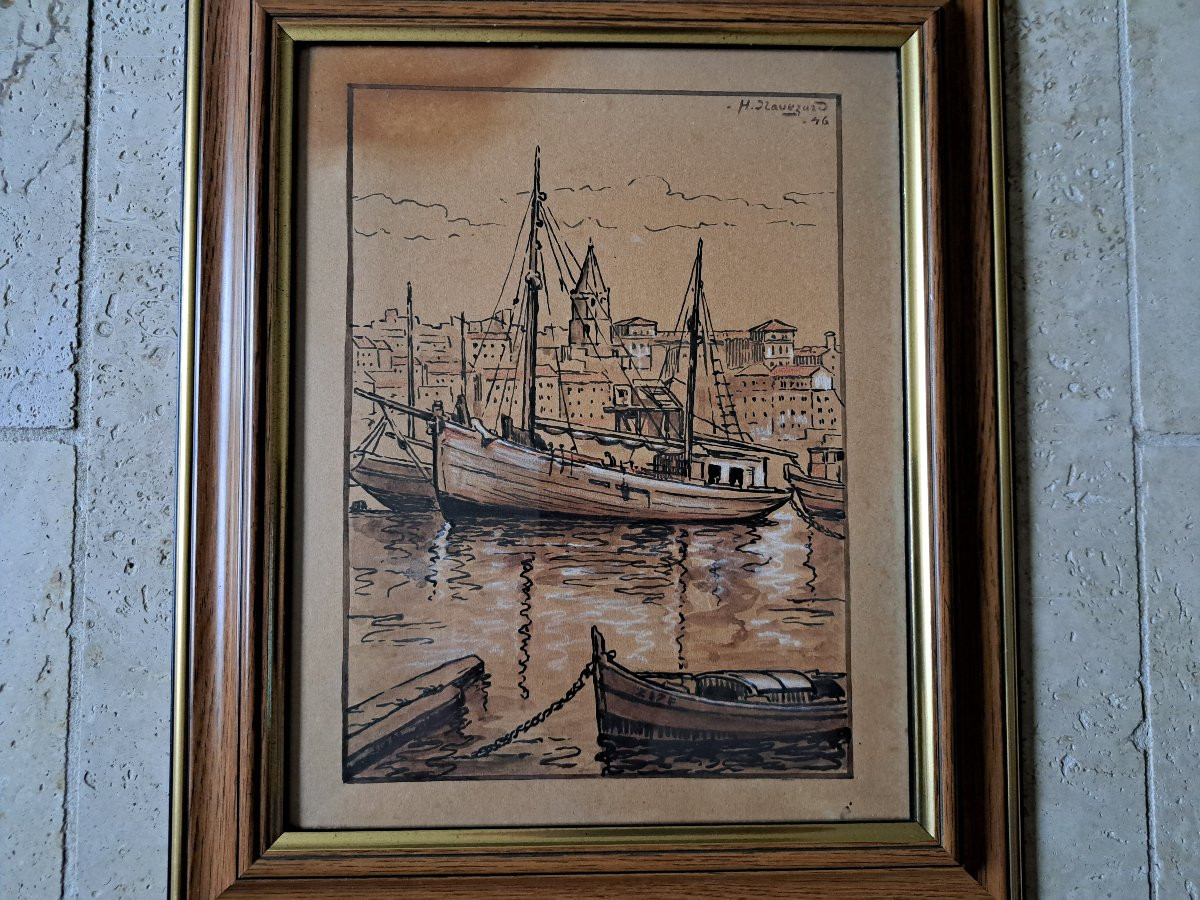 H.Navézard , Bateaux de pêche dans le port de Marseille , Dessin , 1946. -photo-3