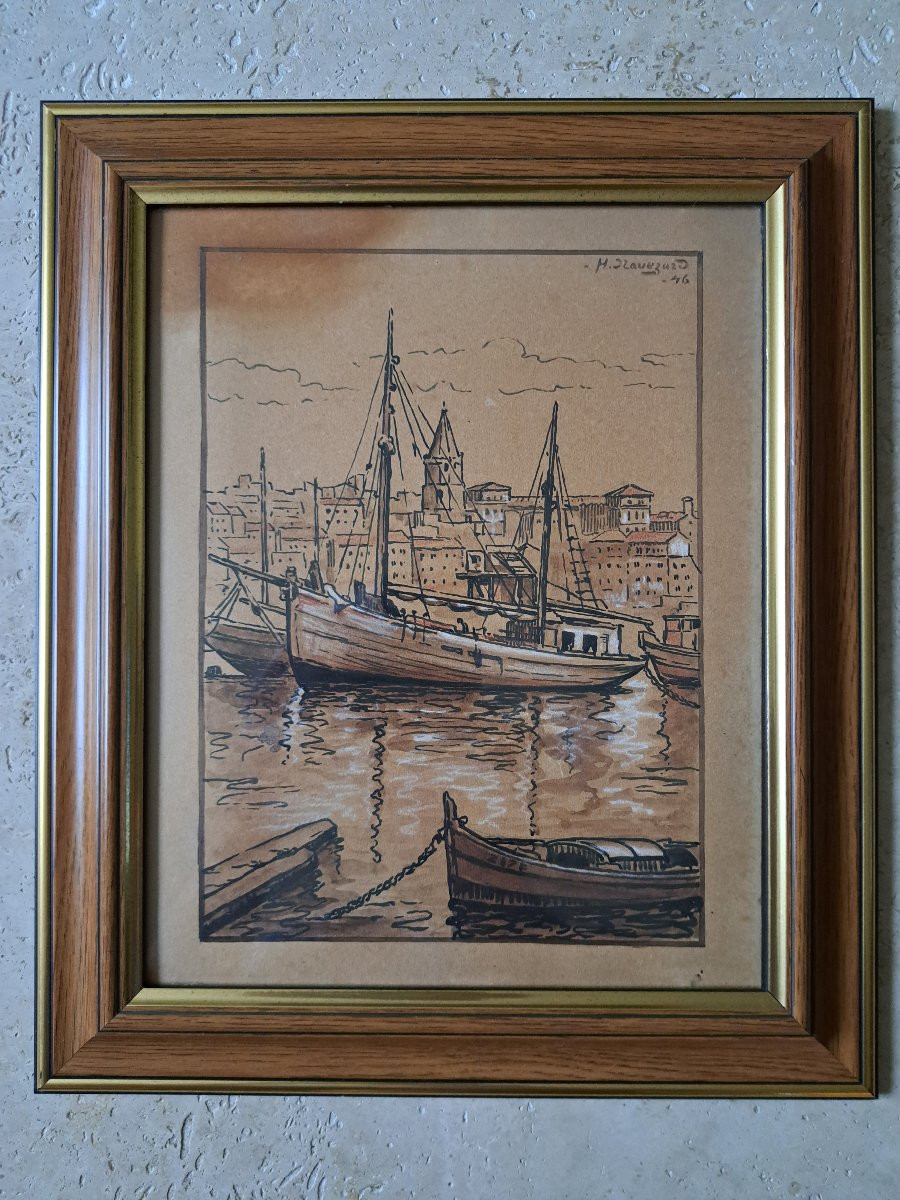 H.Navézard , Bateaux de pêche dans le port de Marseille , Dessin , 1946. -photo-4