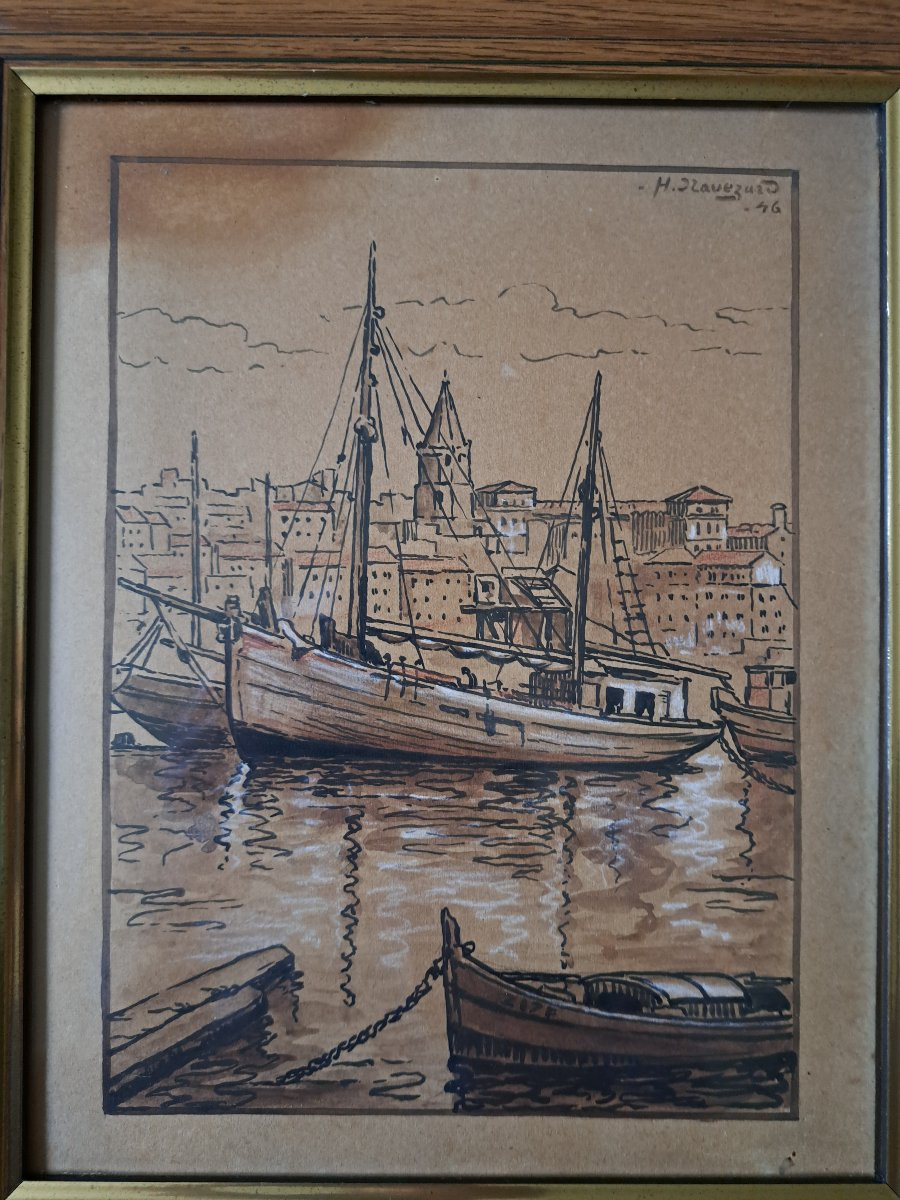 H.Navézard , Bateaux de pêche dans le port de Marseille , Dessin , 1946. -photo-5