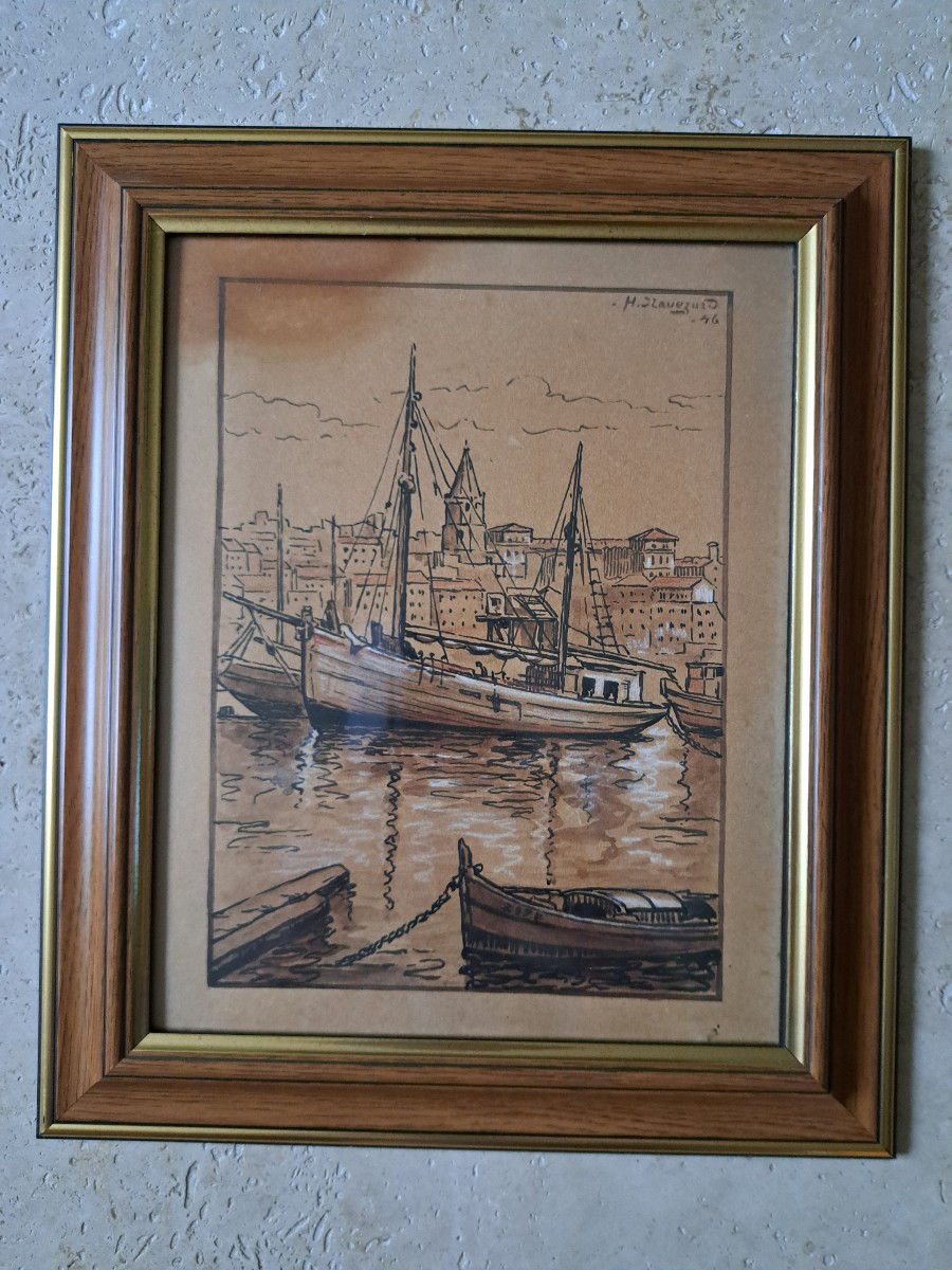 H.Navézard , Bateaux de pêche dans le port de Marseille , Dessin , 1946. 