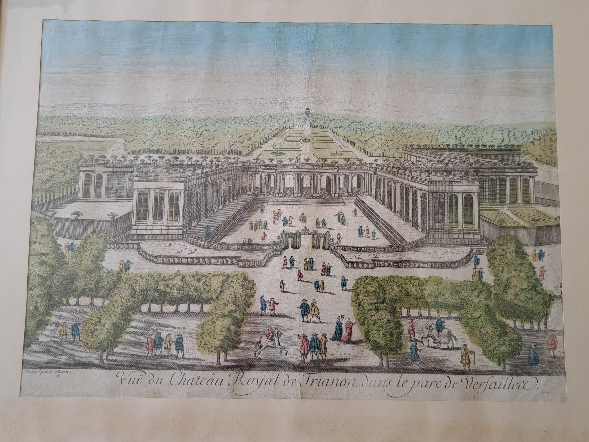 Vue d'optique du château royal de Trianon , Gravure sur papier , XVIII°. -photo-2