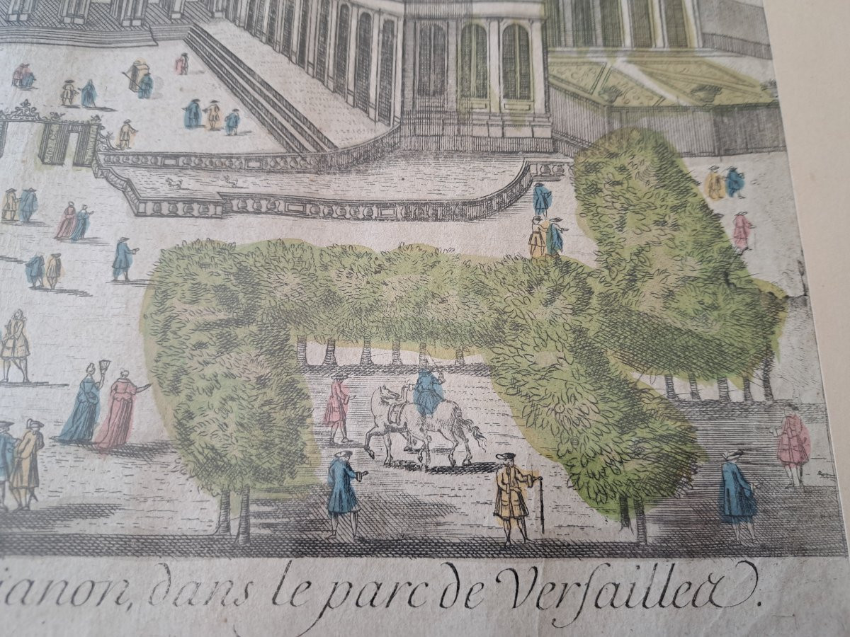 Vue d'optique du château royal de Trianon , Gravure sur papier , XVIII°. -photo-1