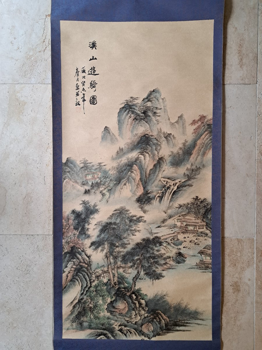 Scroll, Chinese Landscape, Watercolor And Ink, Signed, 20th Century. -photo-3