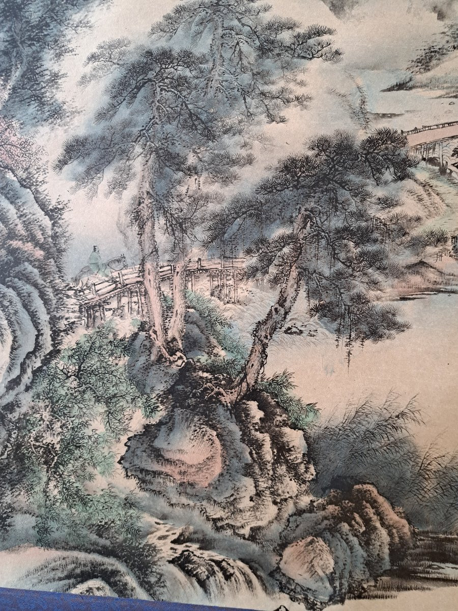 Scroll, Chinese Landscape, Watercolor And Ink, Signed, 20th Century. -photo-4