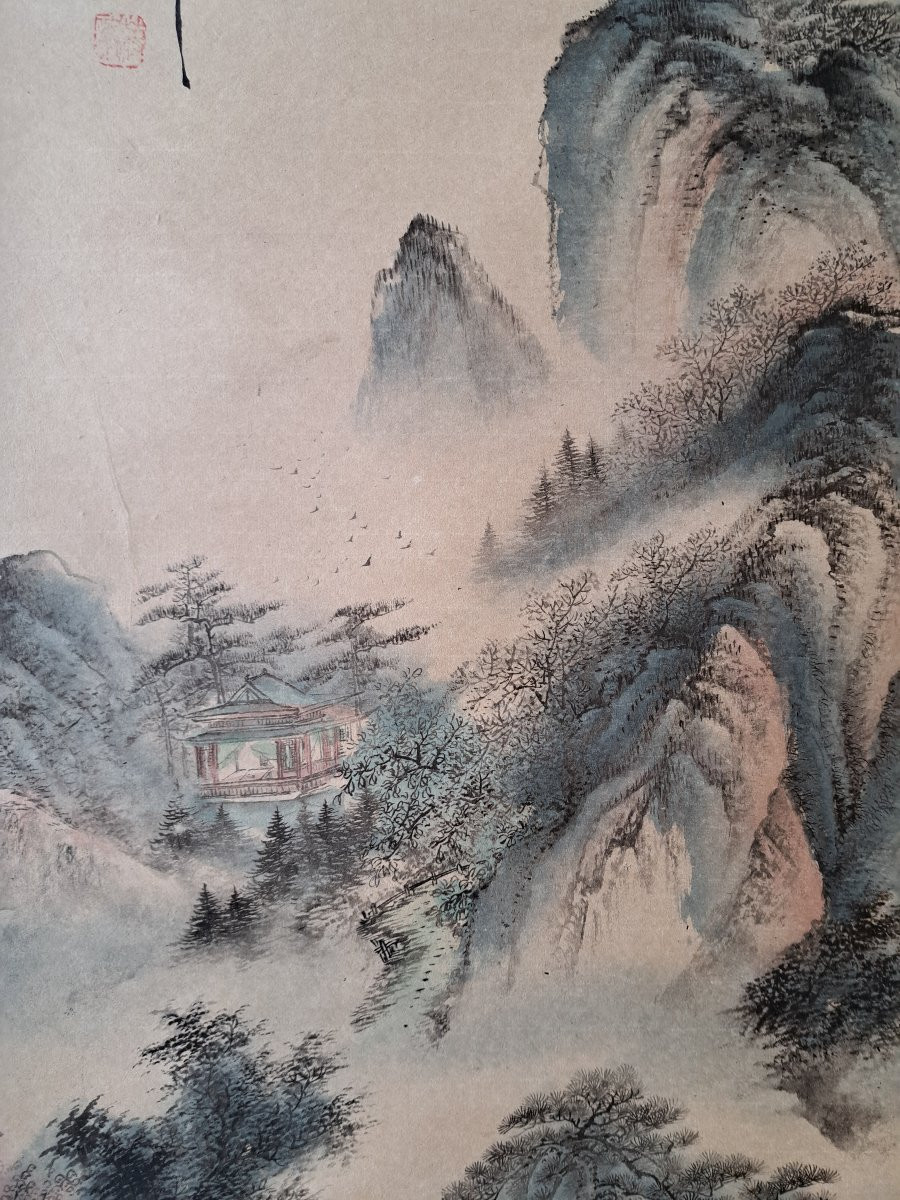 Scroll, Chinese Landscape, Watercolor And Ink, Signed, 20th Century. -photo-5