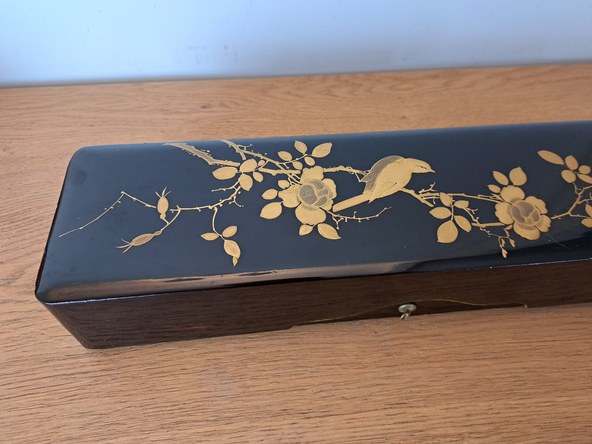 Japon , Boite , Fumibako , Laque noire et or , fin XIX°. -photo-3