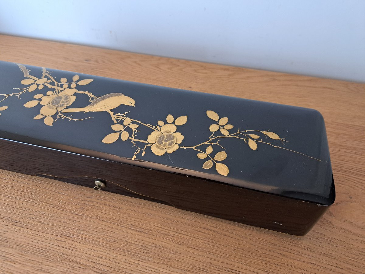 Japon , Boite , Fumibako , Laque noire et or , fin XIX°. -photo-4