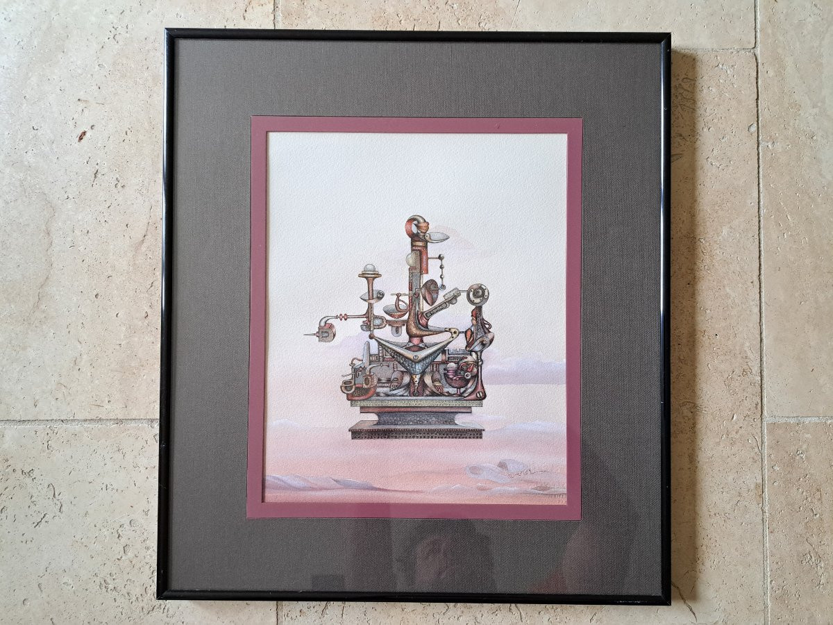 Extraordinary Machine, Surrealist Drawing, Mixed Technique, 1970s. -photo-2