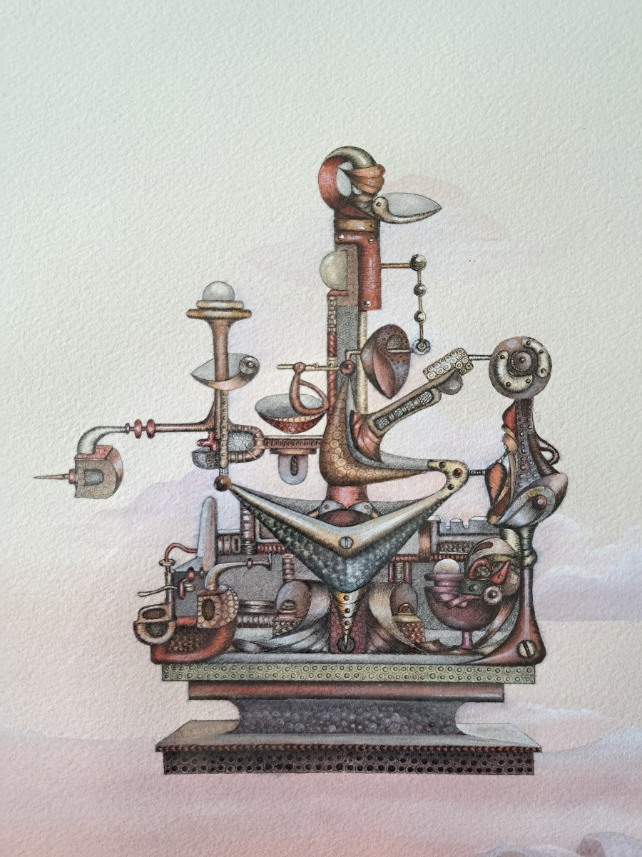 Extraordinary Machine, Surrealist Drawing, Mixed Technique, 1970s. -photo-1