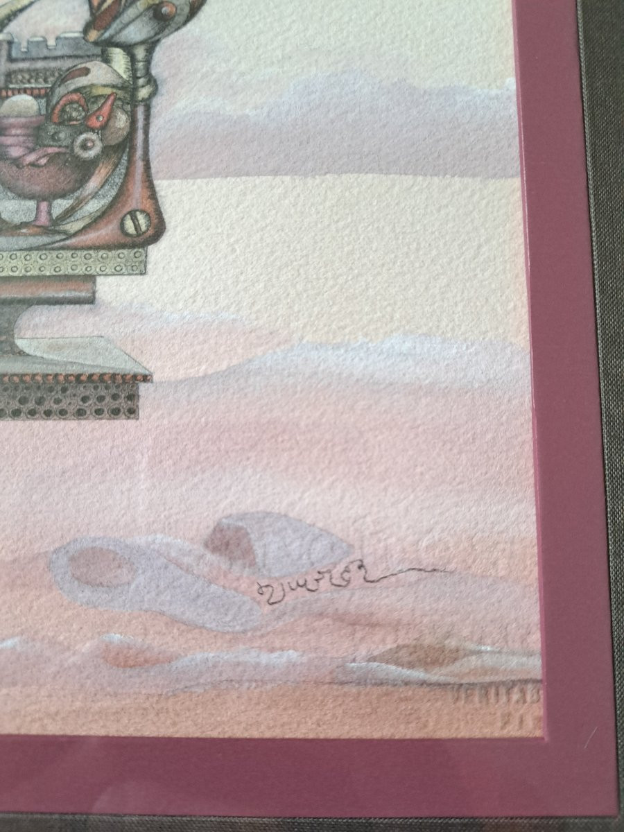 Extraordinary Machine, Surrealist Drawing, Mixed Technique, 1970s. -photo-2
