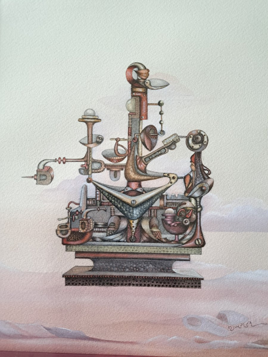 Extraordinary Machine, Surrealist Drawing, Mixed Technique, 1970s. -photo-3