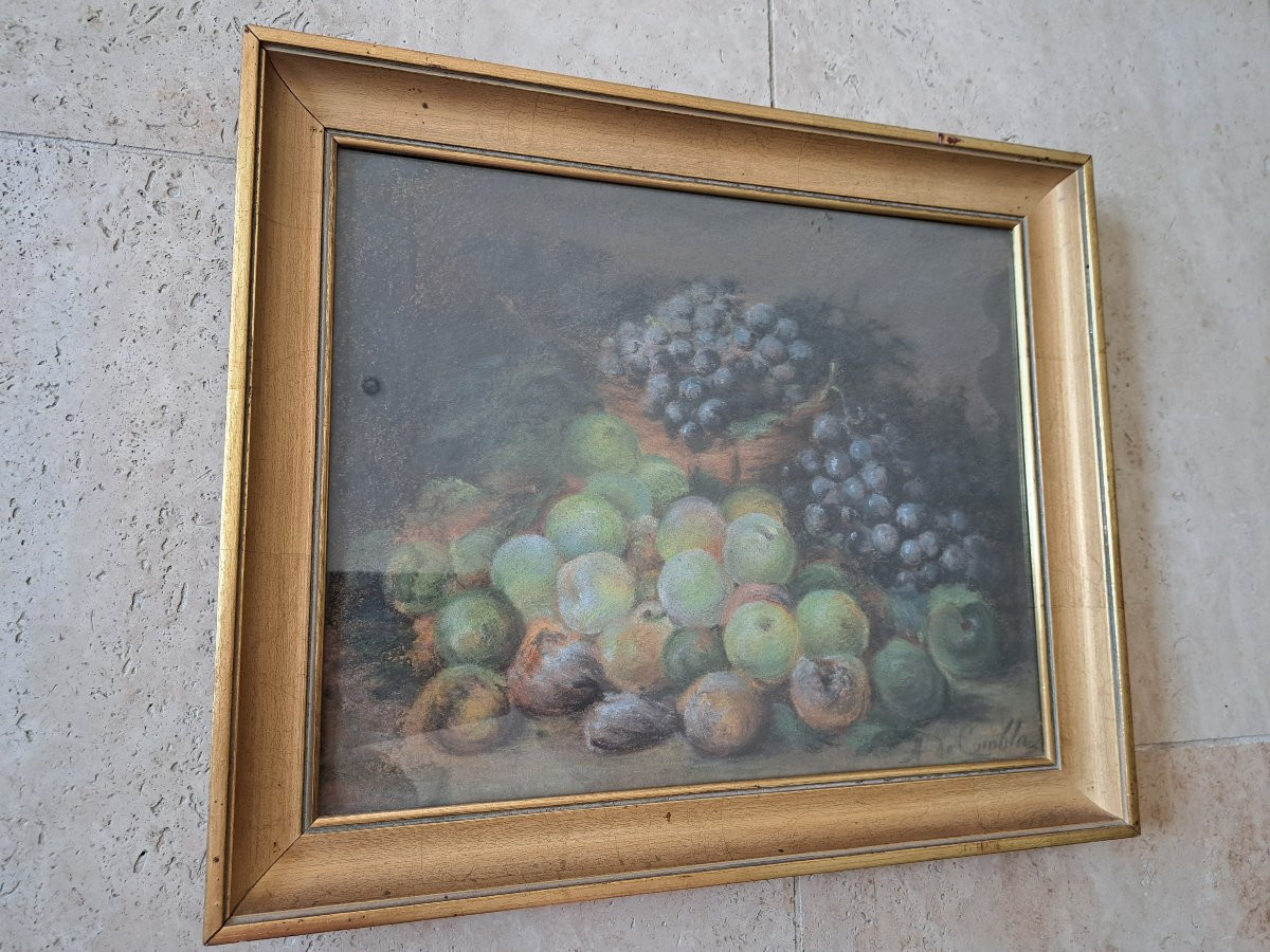 Prunes et raisons , Nature morte , Pastel , Signé , XIX°. -photo-4