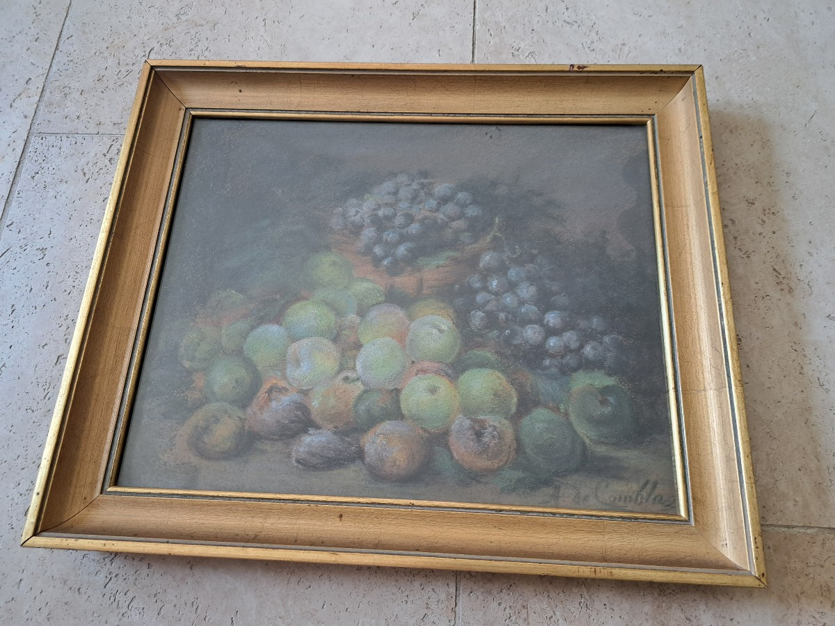 Prunes et raisons , Nature morte , Pastel , Signé , XIX°. 