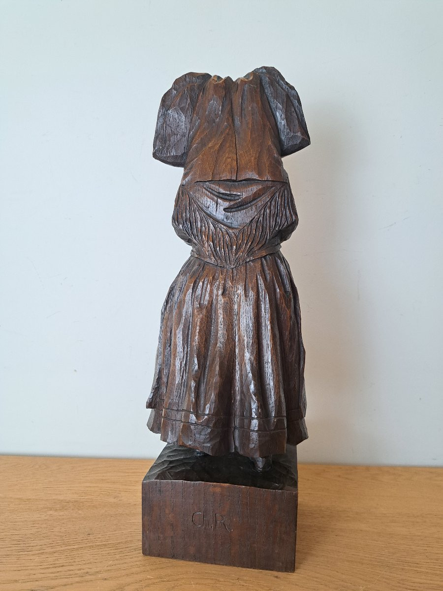 Alsacienne , Sculpture en bois de chêne , Signé Ch R , Début XX°. -photo-4