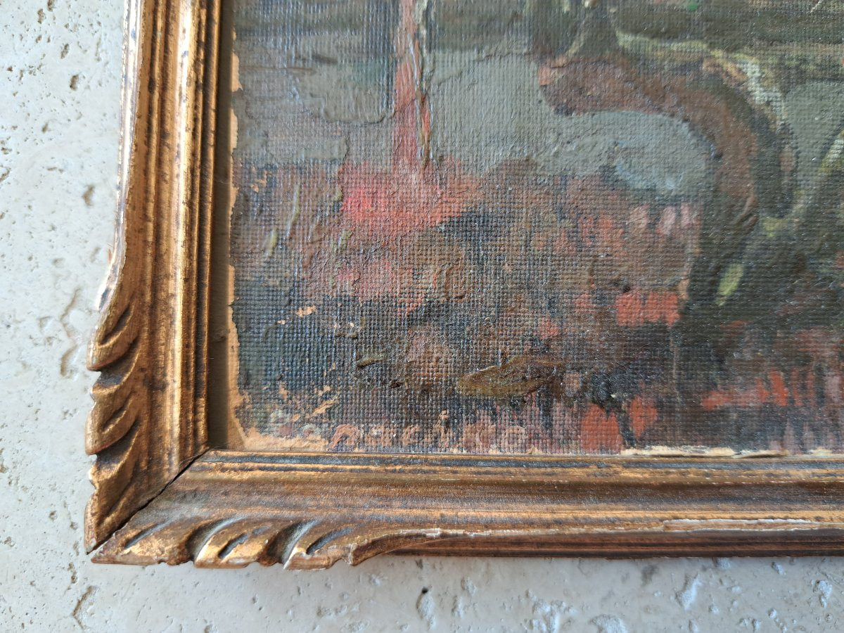 Marais et bouleaux , Huile sur papier , Signé , XX°. -photo-3