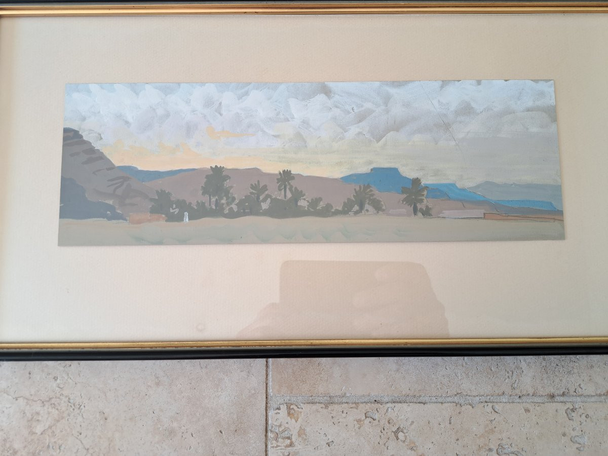 Oasis dans le désert, Gouache sur papier , XX°. -photo-1