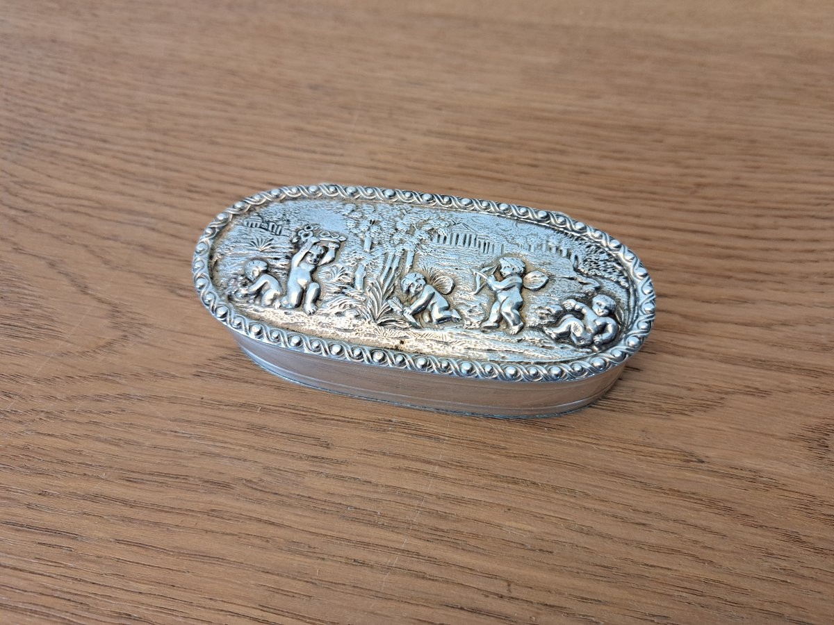 Snuffbox, Cherubs, Solid Silver, Early 20th Century. -photo-4
