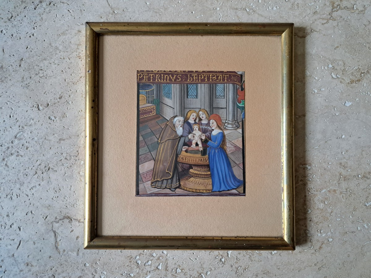 Baptism, Illumination, Gouache On Paper, 15th Century.  