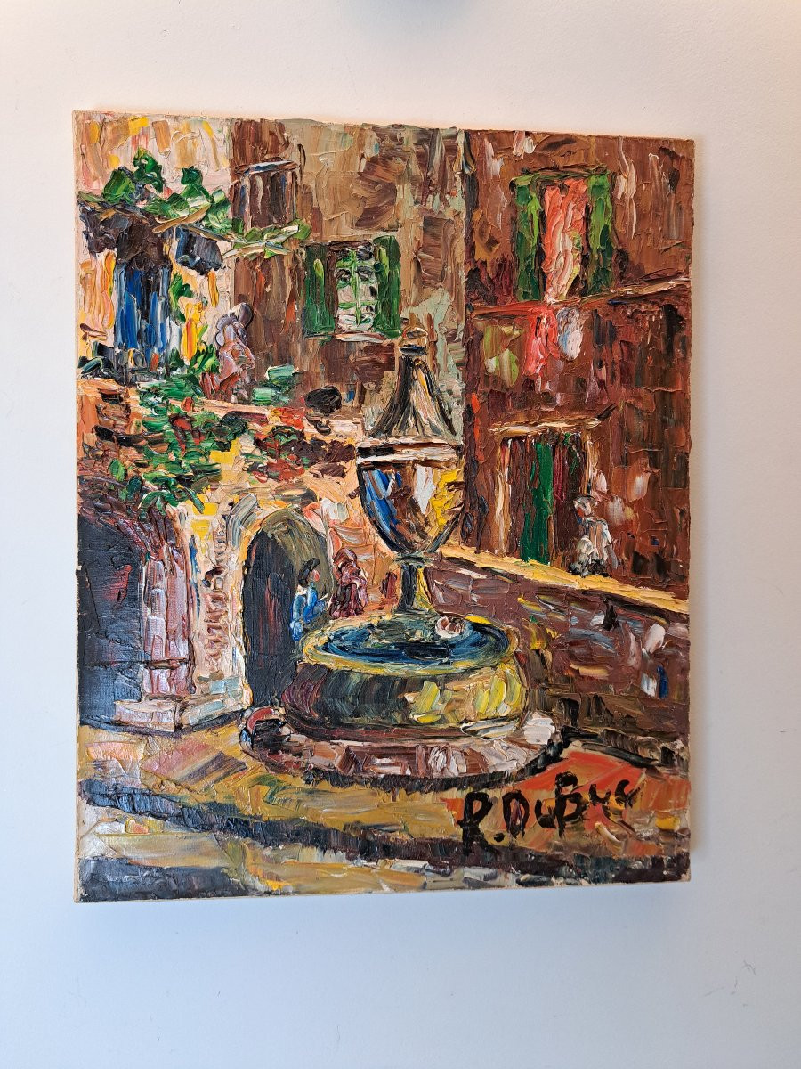Roland Dubuc, Fountain Of Vence, Oil On Canvas, 20th Century. -photo-2