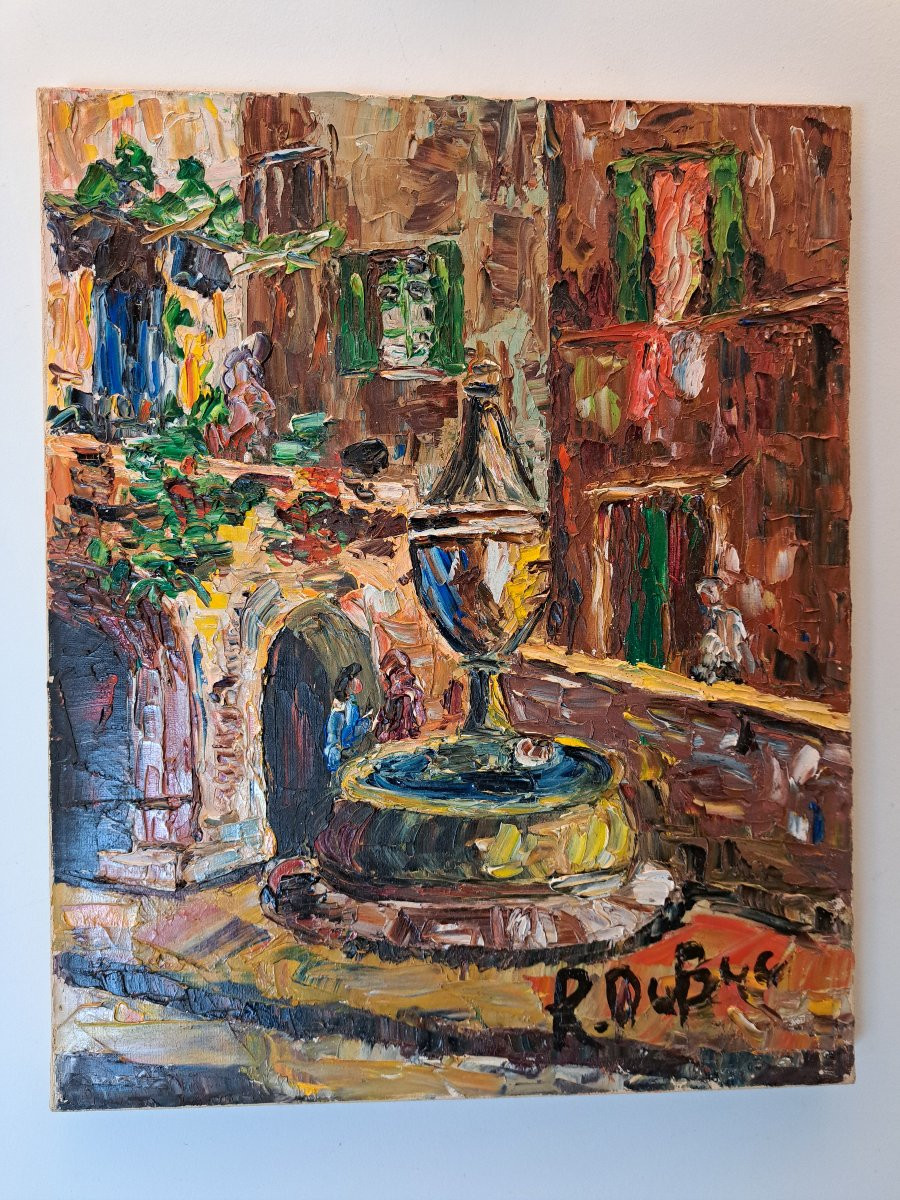 Roland Dubuc, Fountain Of Vence, Oil On Canvas, 20th Century. -photo-3