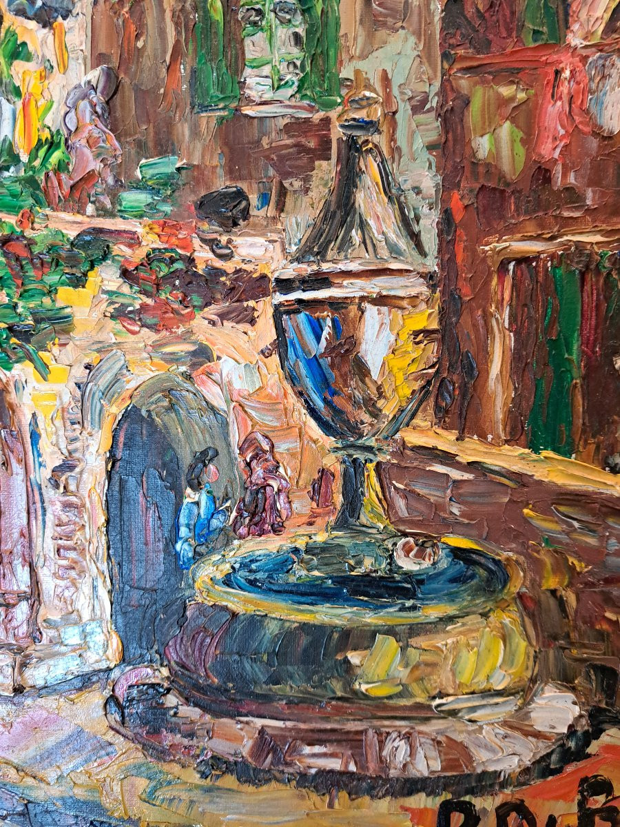 Roland Dubuc, Fountain Of Vence, Oil On Canvas, 20th Century. -photo-1