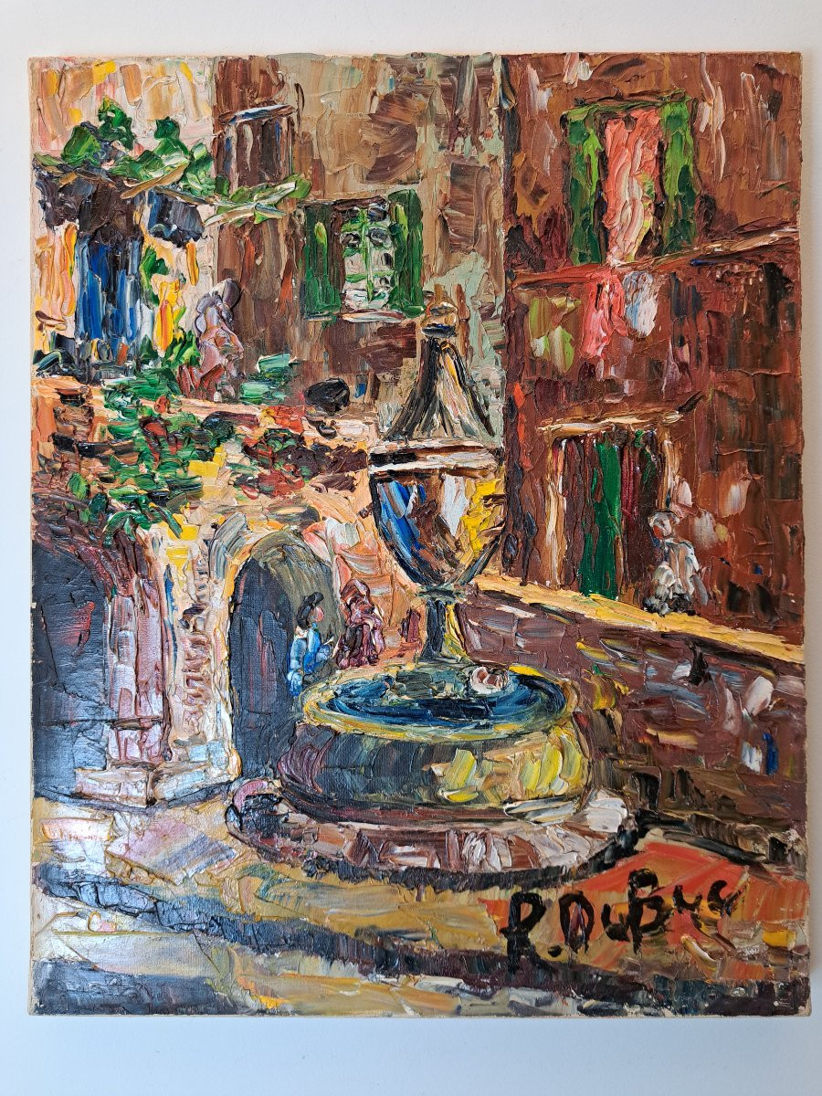 Roland Dubuc, Fountain Of Vence, Oil On Canvas, 20th Century. -photo-3