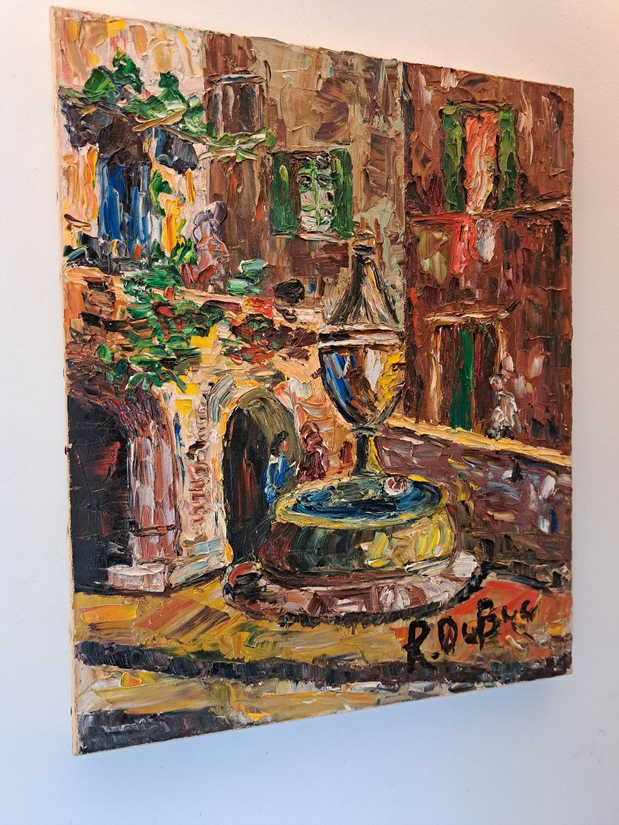 Roland Dubuc, Fountain Of Vence, Oil On Canvas, 20th Century. -photo-4