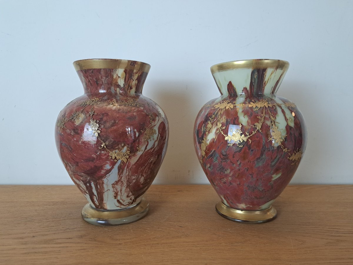 Ernest Leveillé /Legras , Paire de vases , Verre marmoréen et dorure , Fin XIX°. -photo-2