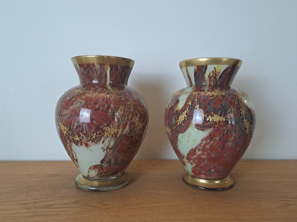 Ernest Leveillé /Legras , Paire de vases , Verre marmoréen et dorure , Fin XIX°. -photo-3