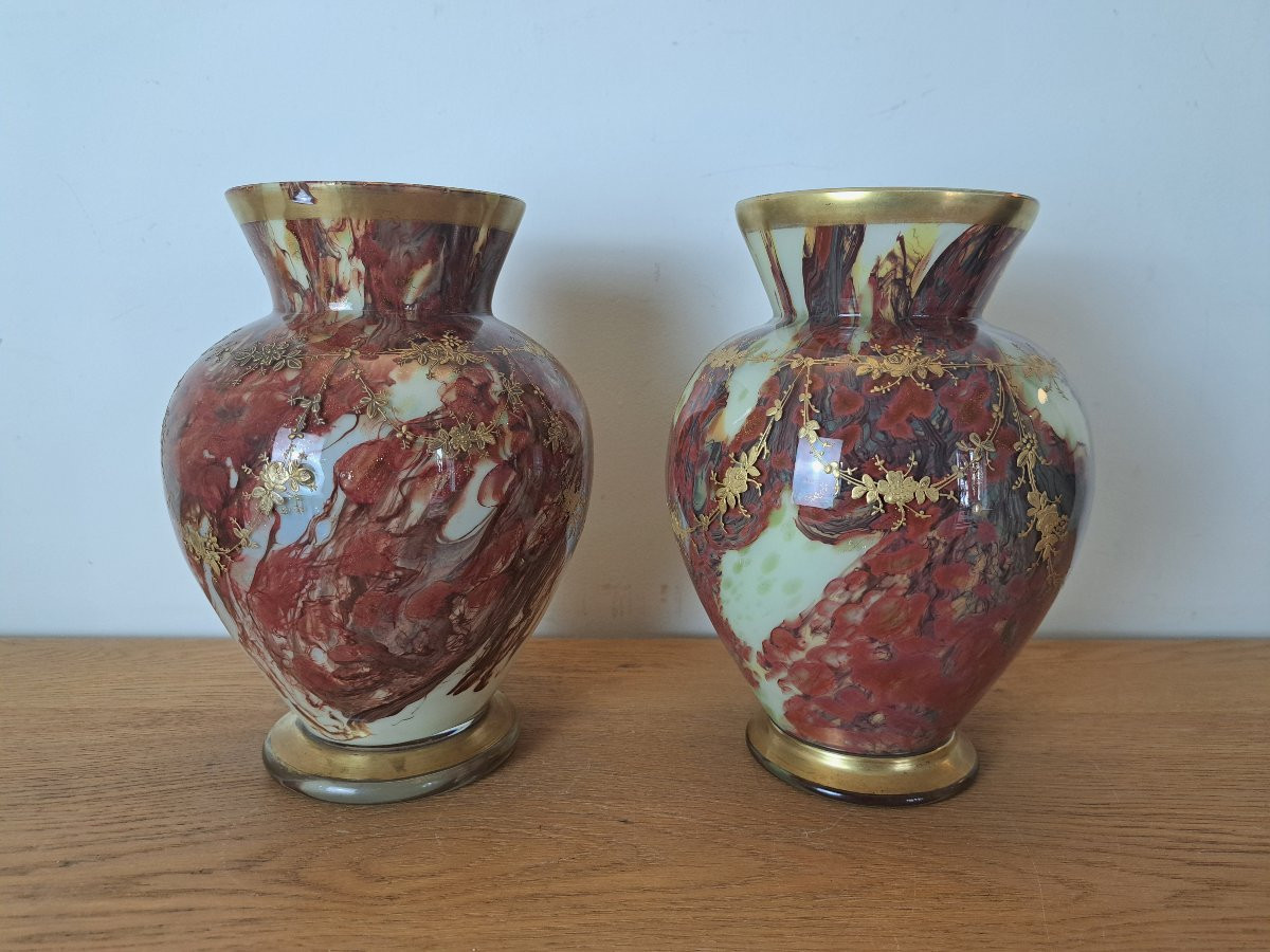 Ernest Leveillé /Legras , Paire de vases , Verre marmoréen et dorure , Fin XIX°. -photo-4