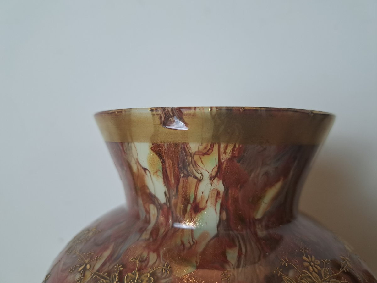Ernest Leveillé /Legras , Paire de vases , Verre marmoréen et dorure , Fin XIX°. -photo-1