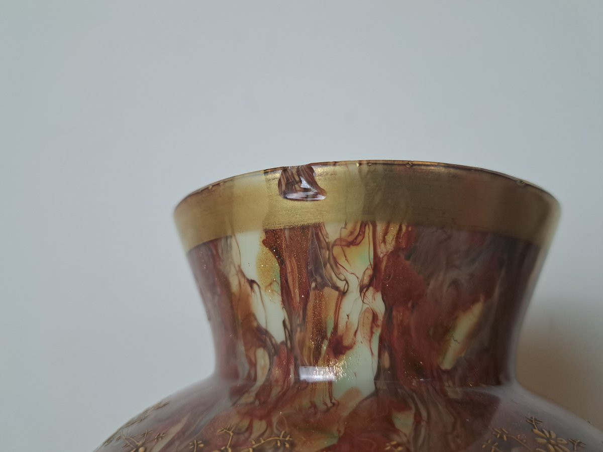 Ernest Leveillé /Legras , Paire de vases , Verre marmoréen et dorure , Fin XIX°. -photo-2