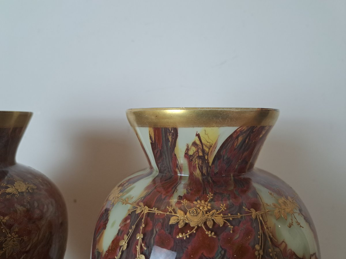 Ernest Leveillé /Legras , Paire de vases , Verre marmoréen et dorure , Fin XIX°. -photo-3