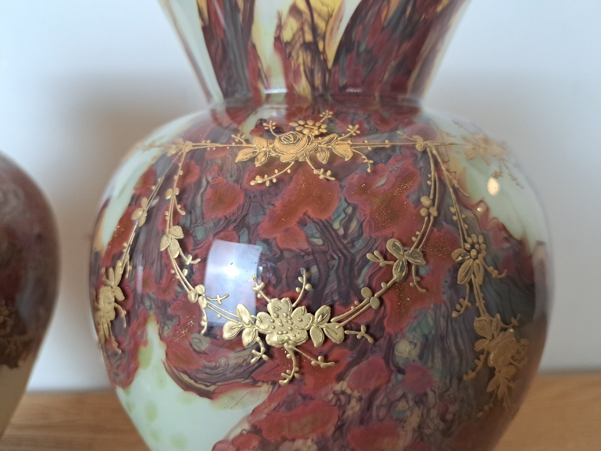Ernest Leveillé /Legras , Paire de vases , Verre marmoréen et dorure , Fin XIX°. -photo-4