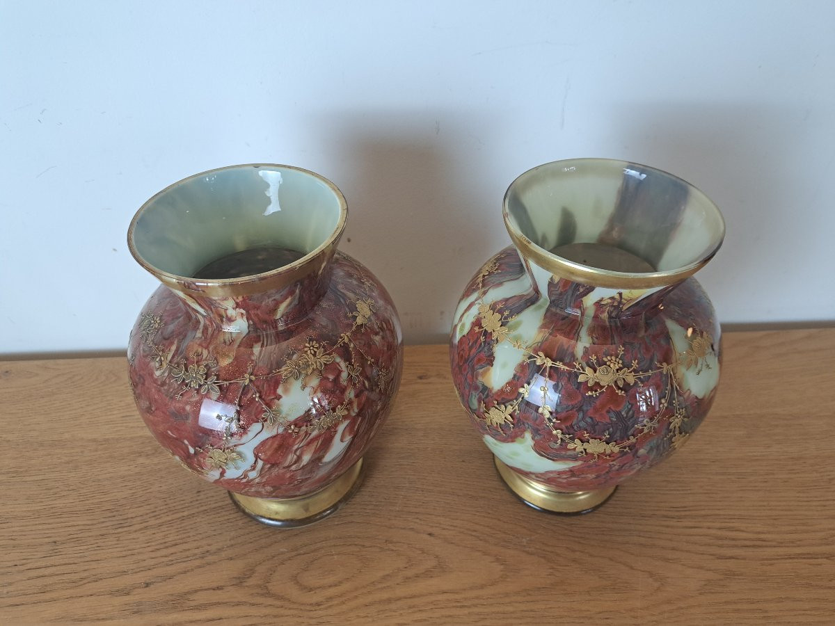 Ernest Leveillé /Legras , Paire de vases , Verre marmoréen et dorure , Fin XIX°. -photo-5