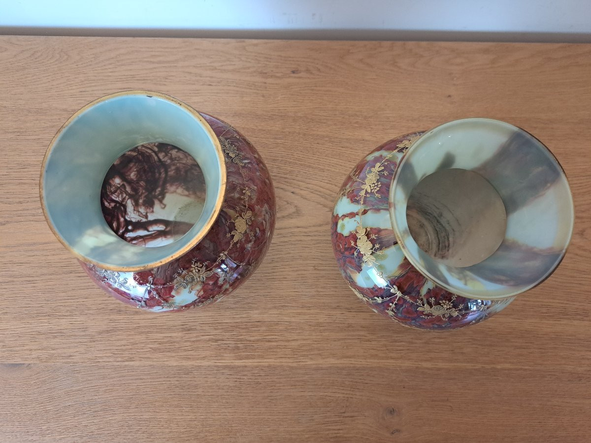 Ernest Leveillé /Legras , Paire de vases , Verre marmoréen et dorure , Fin XIX°. -photo-6
