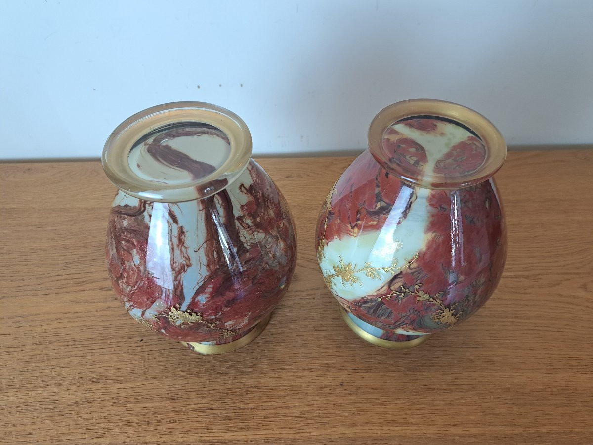Ernest Leveillé /Legras , Paire de vases , Verre marmoréen et dorure , Fin XIX°. -photo-7