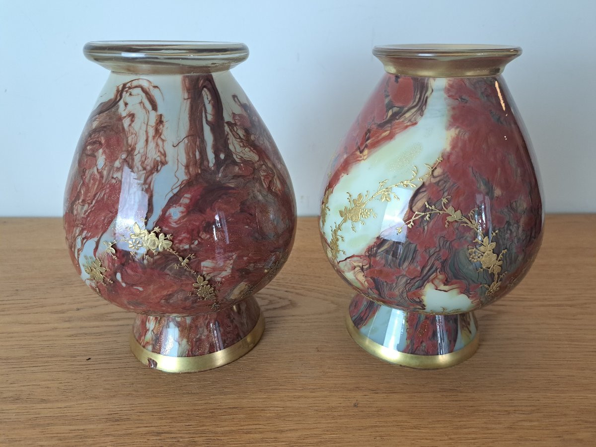 Ernest Leveillé /Legras , Paire de vases , Verre marmoréen et dorure , Fin XIX°. -photo-8