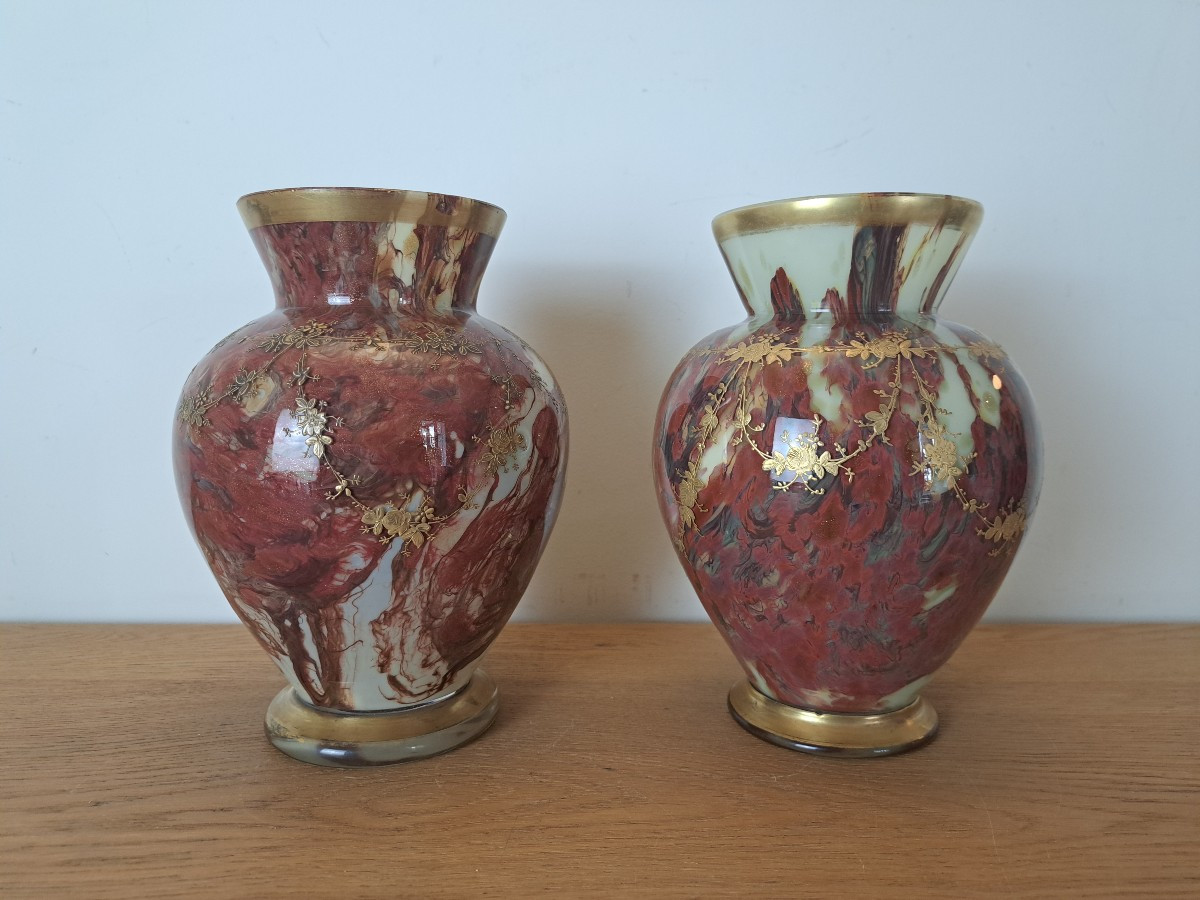 Ernest Leveillé /Legras , Paire de vases , Verre marmoréen et dorure , Fin XIX°. 