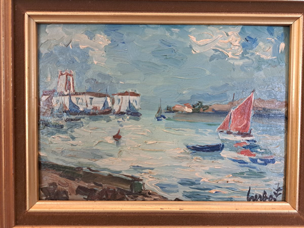 Fernand Herbo, The Port Of Croix De Vie, Oil On Cardboard, 20th Century. -photo-2