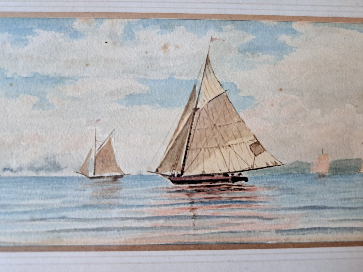 C.J.SHAW, Marine aux voiliers , Aquarelle , XIX°. -photo-4