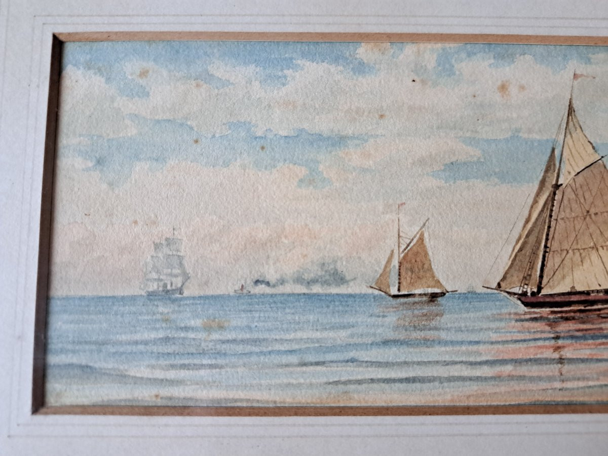 C.J.SHAW, Marine aux voiliers , Aquarelle , XIX°. -photo-1