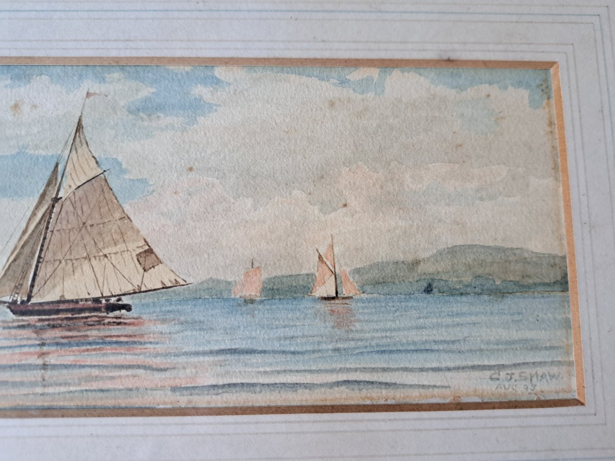 C.J.SHAW, Marine aux voiliers , Aquarelle , XIX°. -photo-2