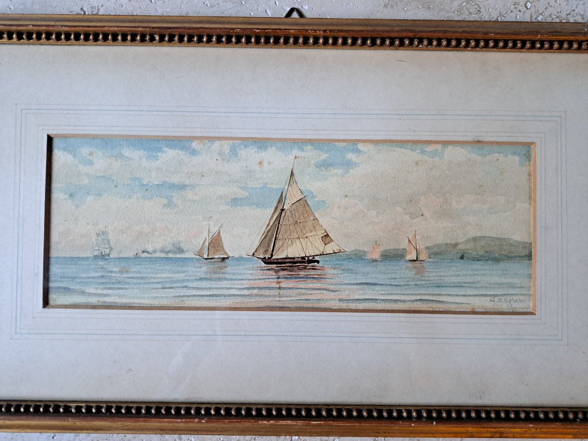 C.J.SHAW, Marine aux voiliers , Aquarelle , XIX°. -photo-4